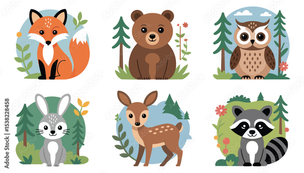 Fototapeta premium Funny cartoon baby animals vector collection with dog, cat, bear, panda, lion, fox, and tiger