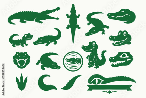 Crocodile and Alligator Silhouettes and Cartoon Icons Set