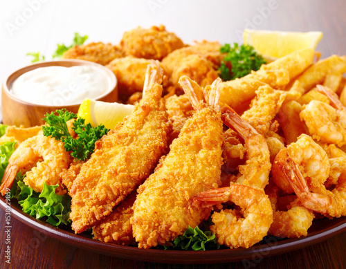 Deep-fried fish and shrimp platter. AI