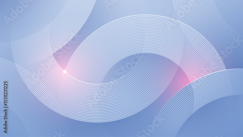 Abstract Digital Light Blue Elegant Background with Thin Line White Concentric Circles and Pink Sun Flare. Soft Geometric Modern Technology Background. Gentle Vector Cover Illustration with 3D Effect.