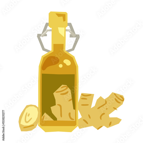 Ginger Root With Herbal Bottle. Ginger root with a bottle of infused drink. Flat cartoon style in warm colors, isolated on white background.