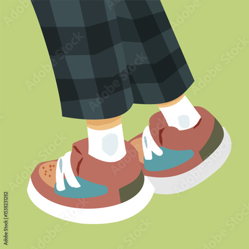 Cartoon Legs In Sneakers Illustration. Cartoon legs wearing colorful sneakers, white socks, and checkered pants. Flat style illustration with soft tones and solid green background.