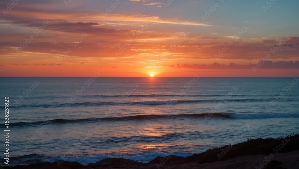 Amazing sunset view by the ocean at dusk with vibrant sky colors reflecting on the water. Coastal landscape, serene and beautiful scene. Amazing sunset view by the ocean at dusk with vibrant sky colors reflecting on the water. Coastal landscape, serene and beautiful scene.