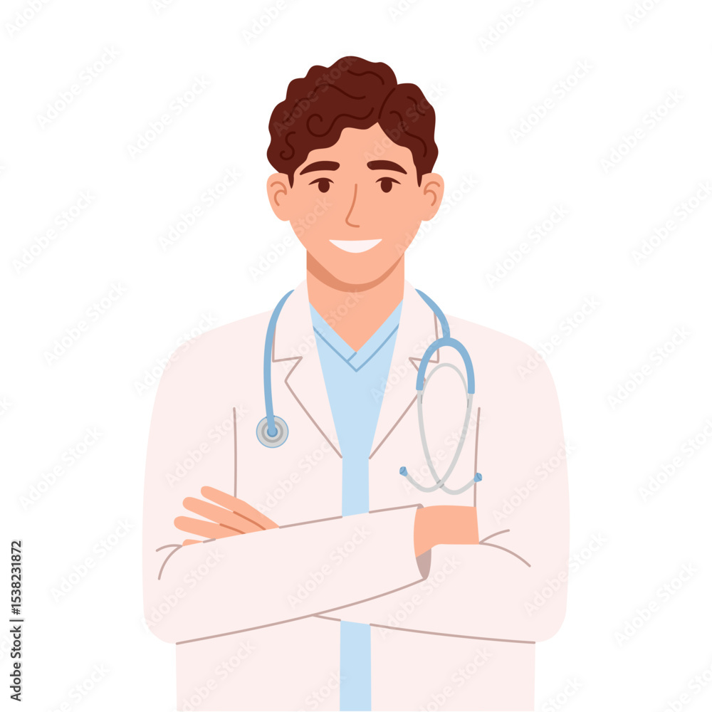 Fototapeta premium Male doctor in white coat standing with arms folded. Flat isolated vector illustration