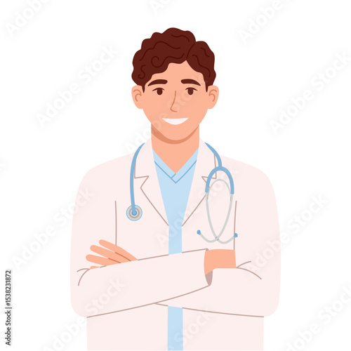 Male doctor in white coat standing with arms folded. Flat isolated vector illustration