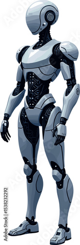 Futuristic humanoid robot with sleek body design, silver armor and minimalistic face. Full-body AI android