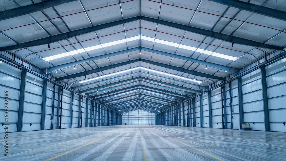 Expansive Industrial Warehouse Interior: Capturing the vastness and modern design of an empty warehouse interior, the image showcases architectural lines, open space, and potential. Expansive Industrial Warehouse Interior: Capturing the vastness and modern design of an empty warehouse interior, the image showcases architectural lines, open space, and potential.