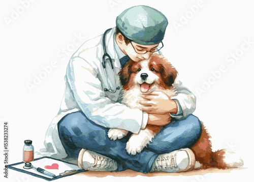 Soft Reassurance Vet cuddling pet dog isolated watercolor vector illustration svg