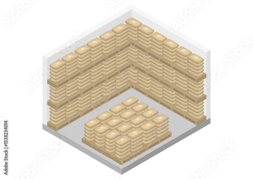 備蓄米が積まれた倉庫内の様子のアイソメトリックイラスト