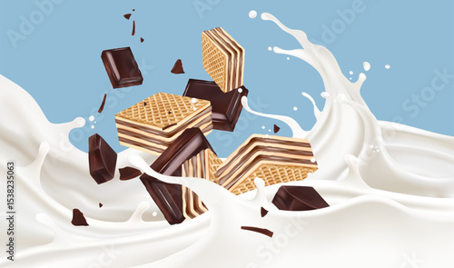 Milk liquid with Chocolate splashing isolated on solid color background. Realistic vector in 3D elements. Food and Drink concepts.