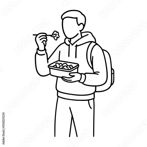 Student Eating Meal from Lunchbox, Line Art Illustration for Educational Use