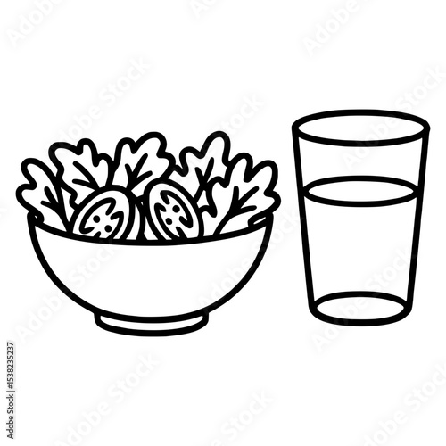 Healthy Food and Drink Concept, Line Art Style for Nutrition Education
