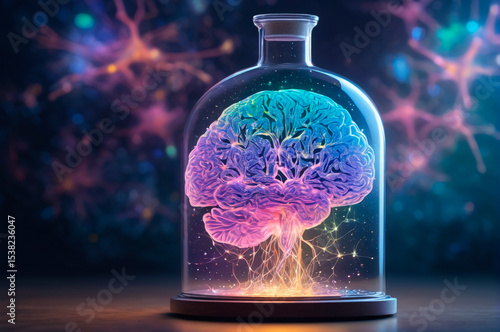 Neon Brain in Glass Jar with Neural Connections. Generative AI.