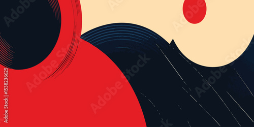 Abstract composition of overlapping circles and organic shapes in red, black, and beige, featuring textured lines