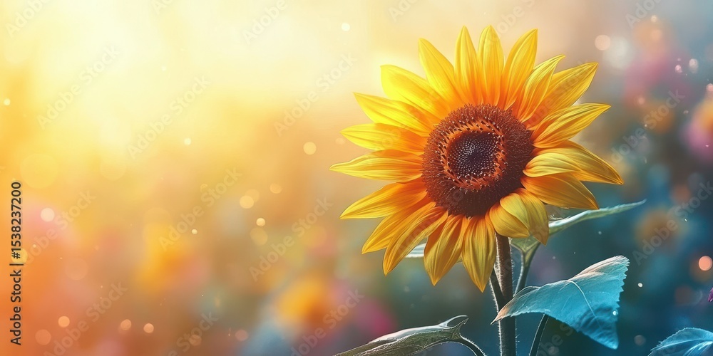 Fototapeta premium Vibrant sunflower stands tall in a sunny garden during golden hour with shimmering light all around