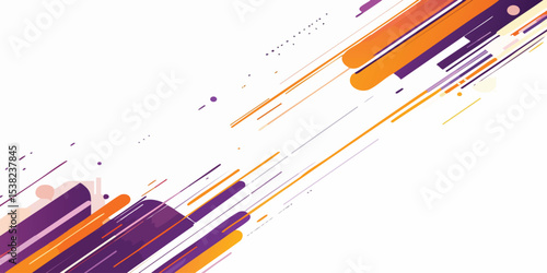 Abstract diagonal design with vibrant orange and purple shapes and lines on a white background