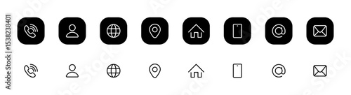 Business card icon set in line style. Contact information, Home, Phone, Location, Address, Website, mail, fax, user simple black style symbol sign for apps and website, vector illustration.
