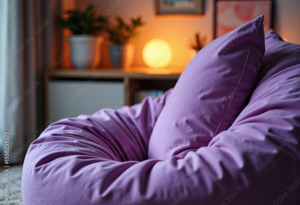 Cozy purple bean bag chair in a warmly lit living room with decorative plants and soft lighting Cozy purple bean bag chair in a warmly lit living room with decorative plants and soft lighting