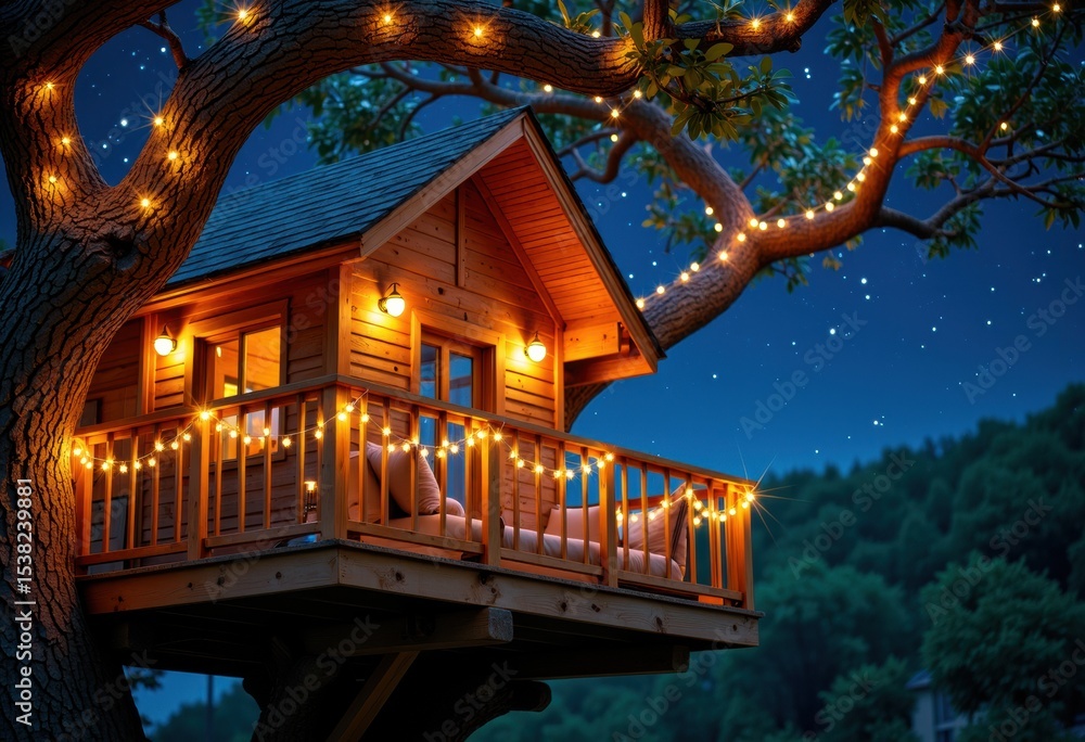 Cozy wooden treehouse illuminated with string lights nestled among large branches at night Cozy wooden treehouse illuminated with string lights nestled among large branches at night