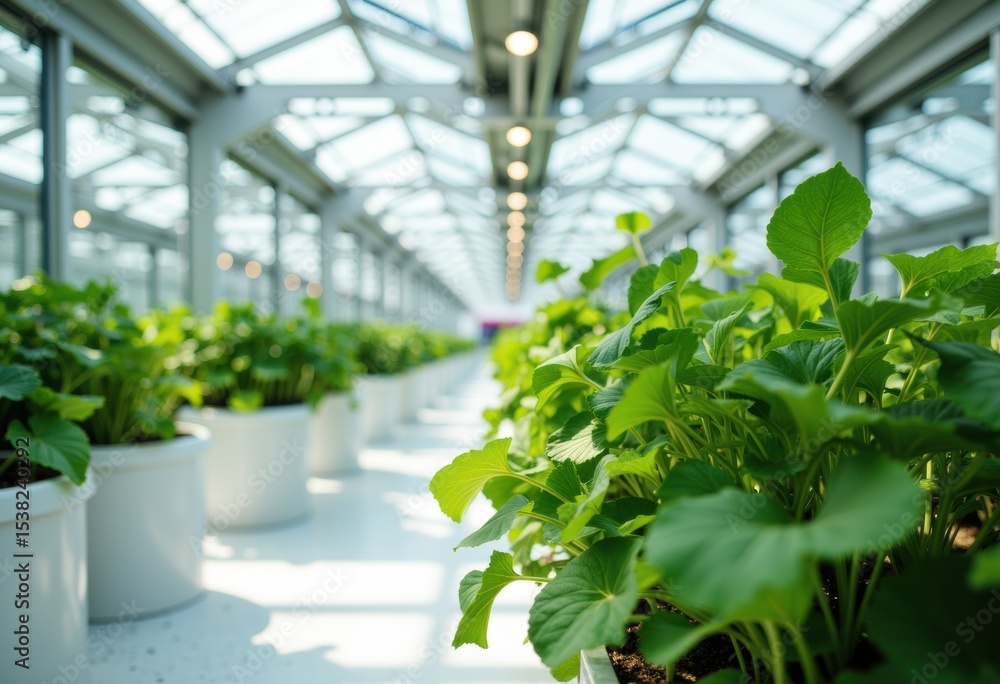 Lush green plants thriving in a modern greenhouse environment Lush green plants thriving in a modern greenhouse environment