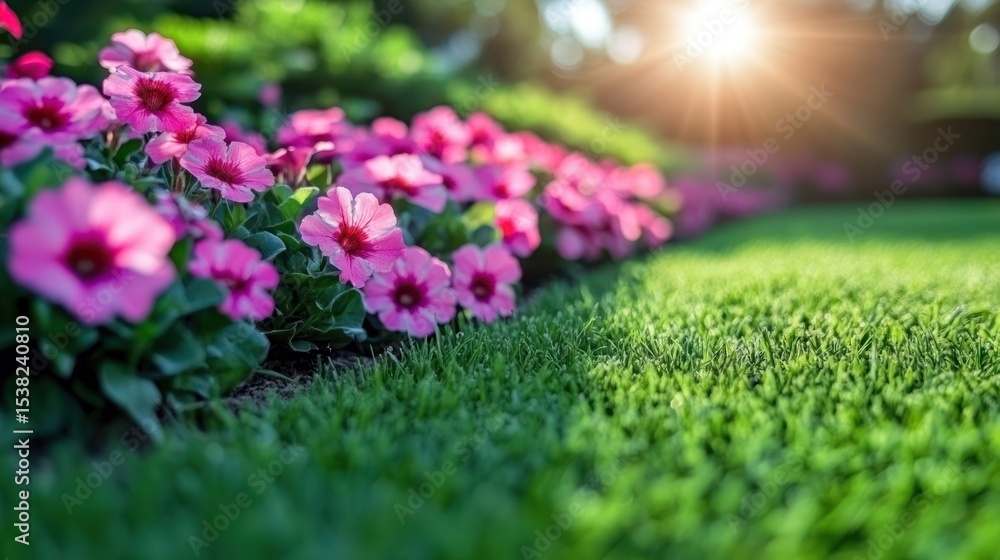 Obraz premium Pink flowers bloom by green grass in sunlight