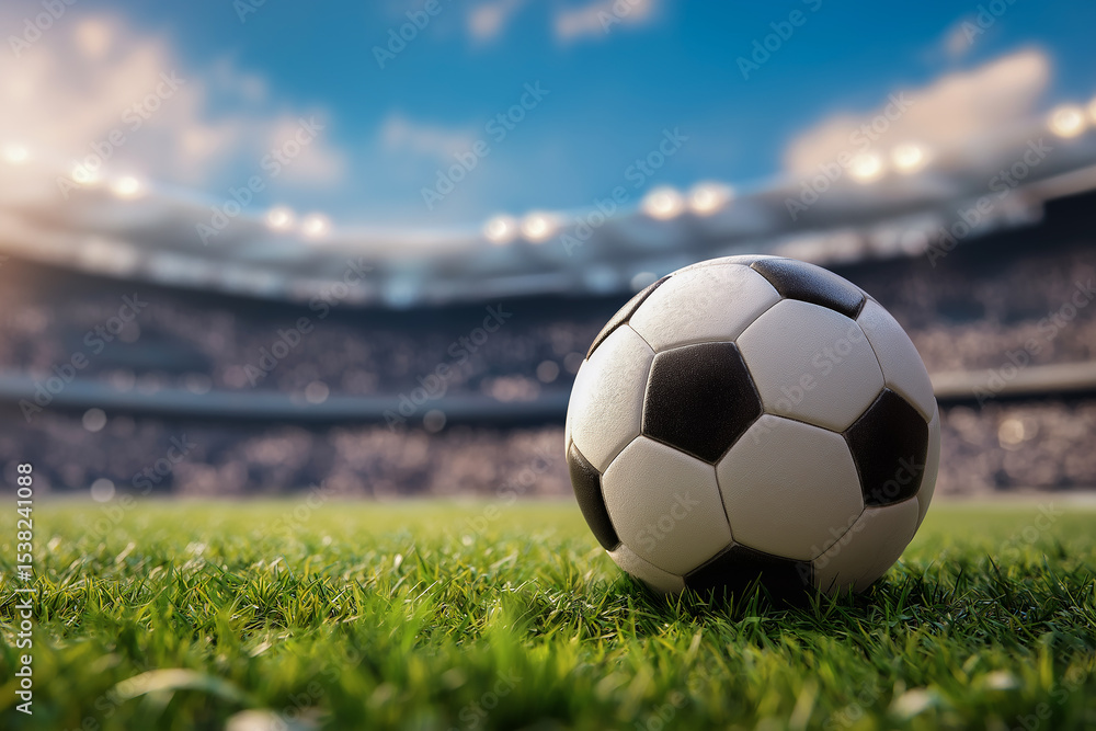 Fototapeta premium Clean football on grass with fans in the background—this image perfectly conveys the energy of a match, great for banners and promotional design.