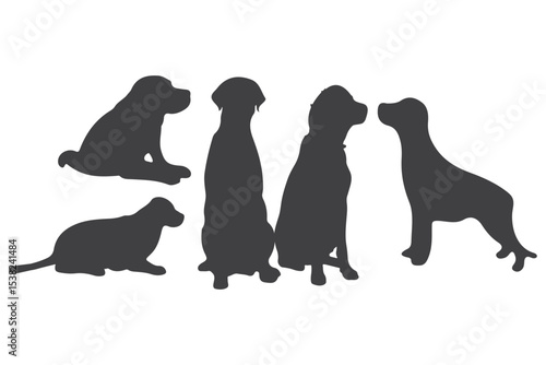 A collection of dog silhouettes in various poses and breeds. Perfect for pet lovers, veterinarians, or dog trainer. animal, canine, domestic, cute, friendly, loyal, companion