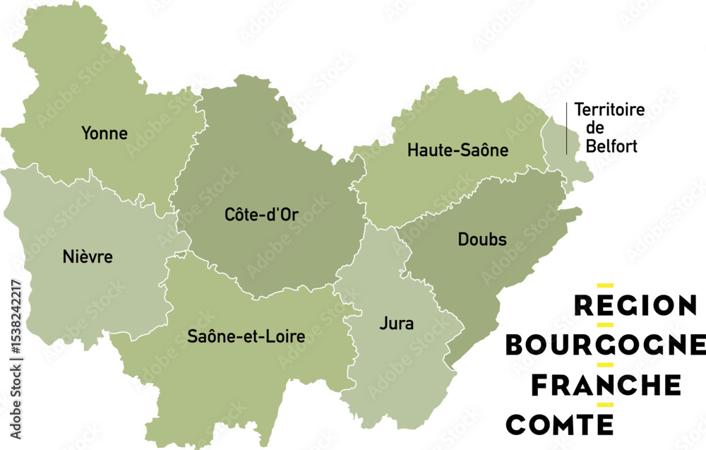 Naklejka premium Carte région Bourgogne Franche Conté, Yonne, Côte-d'Or, Doubs, Jura, Nièvre, Haute-Saône, Saône-et-Loire, Territoire de Belfort