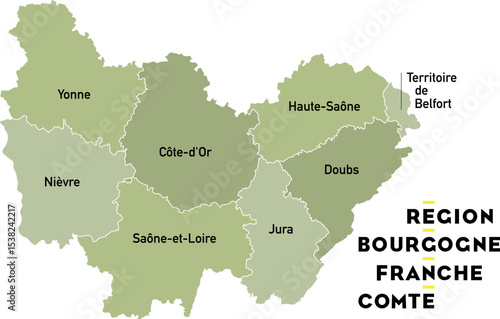 Carte région Bourgogne Franche Conté, Yonne, Côte-d'Or, Doubs, Jura, Nièvre, Haute-Saône, Saône-et-Loire, Territoire de Belfort