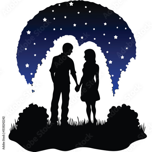 Silhouetted couple holding hands stands together peacefully under a starlit sky at night