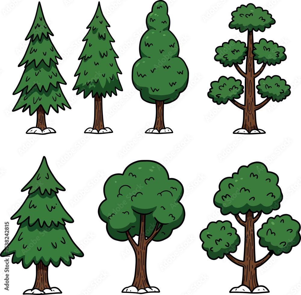 Fototapeta premium Cartoon Tree Collection: Green Deciduous & Conifer Icons