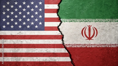 iran vs usa political tension concept with broken flags representing strained international relations