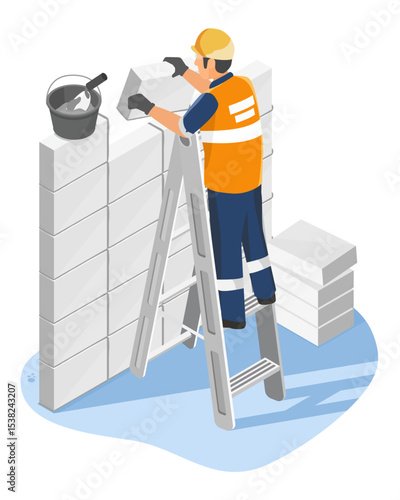 Construction worker building a wall with lightweight concrete blocks using mortar while standing on a ladder for elevated installation isometric