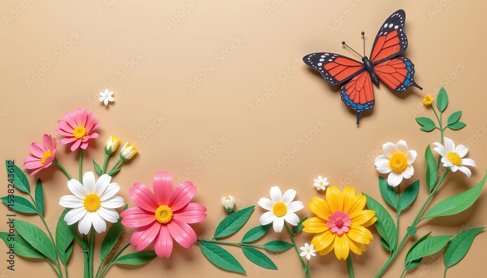 Naklejka premium Colorful flowers and a butterfly on a textured background.