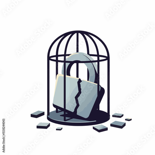 Broken lock in metal cage, symbolizing security and confinement