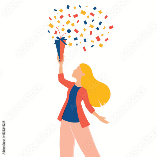 Joyful girl celebrating with confetti popper on white background, celebration