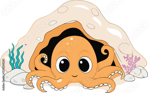 Adorable cartoon octopus hiding under a rock with seaweed and coral