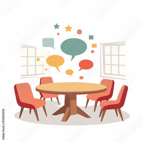 Geometric shapes discussing ideas around a round table, communication