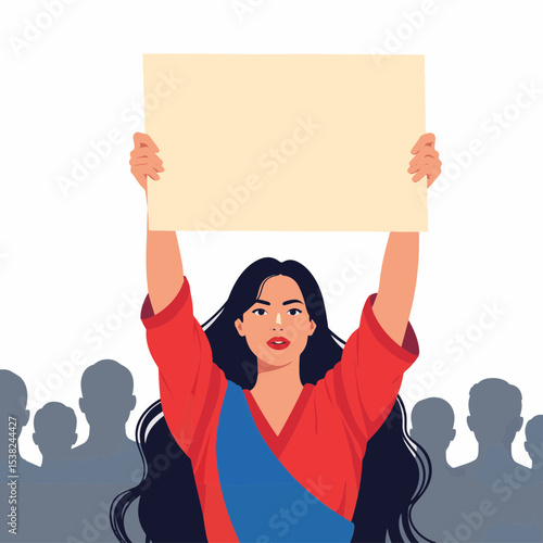 Asian woman holding placard in protest, empowerment and activism