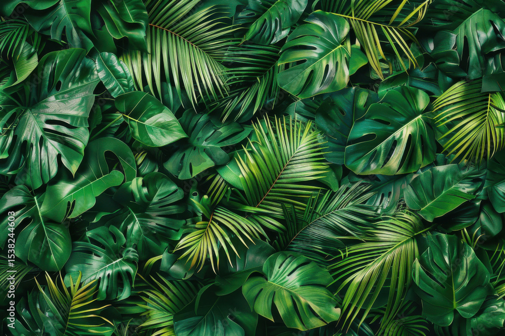 Lush green tropical leaves forming a dense, vibrant, and natural background perfect for nature-themed designs. Lush green tropical leaves forming a dense, vibrant, and natural background perfect for nature-themed designs.