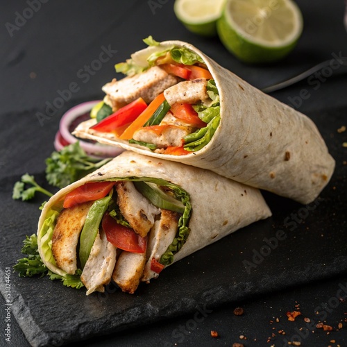 Delicious Chicken Wrap with Fresh Vegetables on Black Slate


