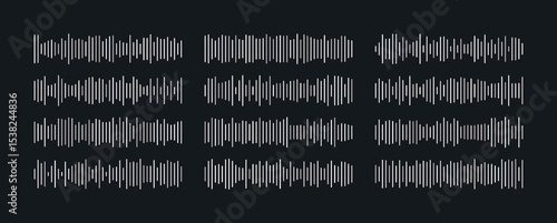 Set of waving, vibration and pulsing lines set. Song radio wave in silver color for music app. Isolated vector illustration. Media player interface decoration.