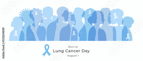 World Lung Cancer Day banner template with diversity people silhouette. Minimalist design flat style illustration background. Blue awareness ribbon for August 1 background.