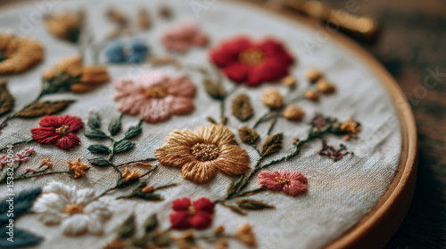 Embroidery hoop displaying vivid floral designs with exquisite handcrafted artistry