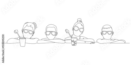 Kids Drinking Smoothie by the Pool – Minimalist Continuous Line Vector Illustration