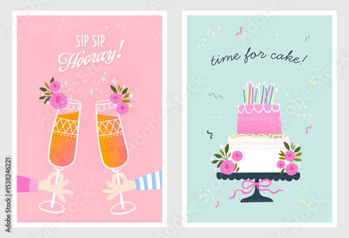 Set of birthday postcards with  confetti, balloons, cocktail, cake and hand writing. Invitations, happy birthday. Vector templates great for card, poster, flyer or banner