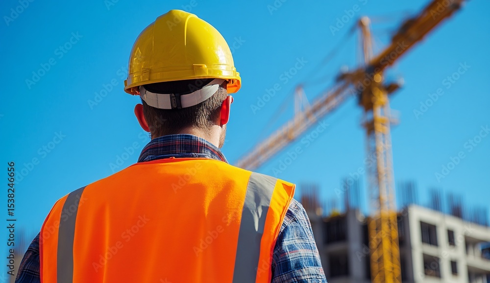 Worker in Hardhat on Construction Site with Crane Building Skyline Worker in Hardhat on Construction Site with Crane Building Skyline