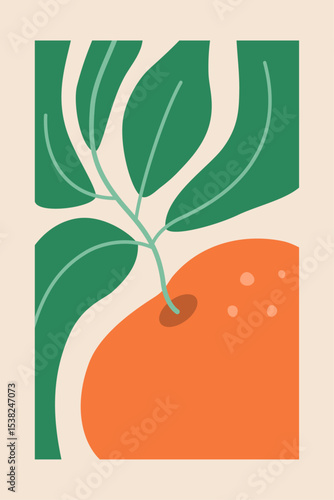 Botanical hand drawn orange fruit with green leaves on beige background. Vector illustration.