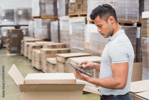 Photography Male worker verifying inventory with tablet in warehouse next to open box, palle
