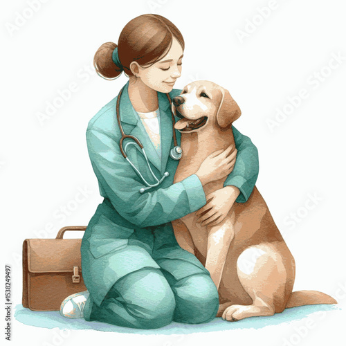 Healing Hug Vet cuddling pet dog isolated watercolor vector illustration svg